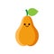 Isolated cartoon orange pear with kawaii face on white background. Colorful friendly pear fruit with green leaf. Cute funny
