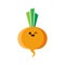 Isolated cartoon orange turnip with kawaii face on white background. Colorful friendly turnip vegetable. Cute funny personage.