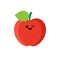 Isolated cartoon red apple with kawaii face on white background. Colorful friendly apple fruit with green leaf. Cute funny