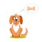 Isolated cartoon sitting brown dog on white background. Frendly dog think about food, bone. Animal funny personage. Flat design