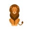 Isolated cartoon sitting brown lion on white background. Colorful frendly lion. Animal funny personage. Flat design