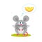 Isolated cartoon sitting gray mouse on white background. Frendly mouse think about food, cheese. Animal funny personage. Flat
