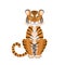 Isolated cartoon sitting orange tiger on white background. Colorful frendly tiger. Animal funny personage. Flat design