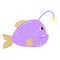 Isolated cartoon yellow purple marine angler fish with blue blobs in hand drawn flat style