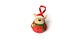 Isolated ceramic figure with pendant. Christmas deer in a red suit and hat in a green scarf with a gift on white background.