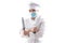 Isolated chef with mask due to pandemic standing in a white cooking robe with crossed hands holding two sharp knives