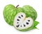 Isolated cherimoya. Fresh cut of heart shaped cherimoya (Custard apple) fruits with leaves isolated on white