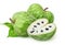 Isolated cherimoya. Two whole and cut of heart shaped cherimoya (Custard apple) fruits with leaves isolated on white