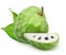 Isolated cherimoya. Whole and a piece of cherimoya (Custard apple) fruits with leaves isolated on white