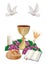 Isolated Christian symbols with golden chalice, bread, bible, grapes, candle, dove, ears of wheat