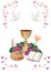 Isolated Christian symbols with golden chalice-bread-bible-grapes-candle-where-ears of wheat-pink ornaments flower and butterflies