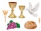 Isolated christian symbols: golden chalice with wine, dove, grapes, bread, ear of wheat. 3D realistic illustration