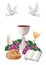 Isolated Christian symbols with white chalice, bread, bible, grapes, candle, dove, ears of wheat