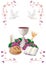Isolated Christian symbols with white chalice-bread-bible-grapes-candle-where-ears of wheat-pink ornaments flower and butterflies
