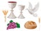 Isolated christian symbols: white chalice with wine, dove, grapes, bread, ears of wheat. 3D realistic illustration