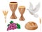 Isolated christian symbols: wood chalice with wine, dove, grapes, bread, ears of wheat. 3D realistic illustration