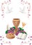 Isolated Christian symbols with wooden chalice-bread-bible-grapes-candle-where-ears of wheat-pink ornaments flower and butterflies