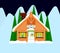 Isolated christmas chalet, cottage on night in forest in mountains. Flat. Vector