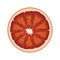 Isolated circle of juicy red color bloody orange on white background. Realistic colored round slice.