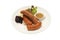 Isolated and clipping path of assorted sausage with mustard.