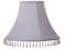 Isolated close up shot of a classic cut corner bell shaped grey tapered lampshade with a beaded fringe on a white background