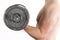 Isolated closeup shot of a young fit shirtless male lifting a dumbbell weight