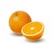 Isolated colored group of orange, half and whole juicy fruit with shadow on white background. Realistic citrus.