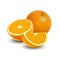 Isolated colored group of orange, slice, half and whole juicy fruit with shadow on white background. Realistic citrus.