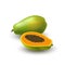 Isolated colored papaya, pawpaw, paw paw half with seeds and whole juicy fruit with shadow on white background. Realistic fruit.
