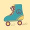 Isolated colorful cartoon roller skate with symbol peace on beige background in retro colors.