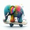 Isolated colorful elephant on skateboard. AI generative