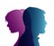 Isolated couple colored silhouette. Divorce concept. End of the wedding. Separation between groom and bride. Divorced man and woma