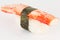 Isolated crab kani sushi nigiri with nori on white background