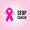 Isolated crimson color ribbon on the pink background logo. Against cancer logotype. Stop disease symbol. International