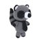 Isolated crochet toy gray raccoon in a tie stands on its hind le