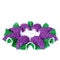 Isolated crocheted doily in shape of a violet grape with green l