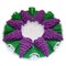 Isolated crocheted doily in shape of a violet grape with green l