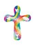 Isolated cross with Christian symbols on colorful rainbow background. Religious sign