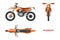 Isolated cross motorcycle. 3D orange motorbike. Front, side, top view of motocross cycle. Extreme motorbik draw