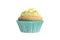 isolated cupcake with yellow frosting in blue paper