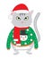 The isolated cute cat wearing a silly winter sweater with snowman and New Year`s cap