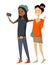 Isolated cute diverse girls taking a selfie. a hispanic black girl wearing casual clothing, belt and hat, holding a smartphone.