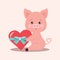 Isolated cute little romantic pink pig with gift in a shape of red heart tied with a blue ribbon