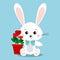 Isolated cute and sweet white rabbit bunny in sitting pose with blue bow tie, flowers in heart shape