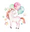 Isolated cute watercolor unicorn clipart. Nursery unicorns illustration. Princess rainbow unicorns poster. Trendy pink