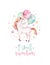 Isolated cute watercolor unicorn kids poster. Nursery unicorns illustration. Princess unicorns drawing. Trendy pink