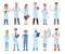 Isolated doctor characters. Smiling clinician pharmacist, cartoon nurse and doctors. Flat friendly hospital team