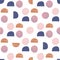 Isolated doodle abstract seamless pattern. Circle and halfs in pink, navy and beige colors on white background