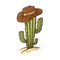 Isolated doodle illustration of cactus in the desert with sand, cowboy wide brimmed hat.