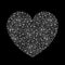 Isolated doodle lacy heart from many hand drawn white contours of abstract flowers and leaves on a black background.